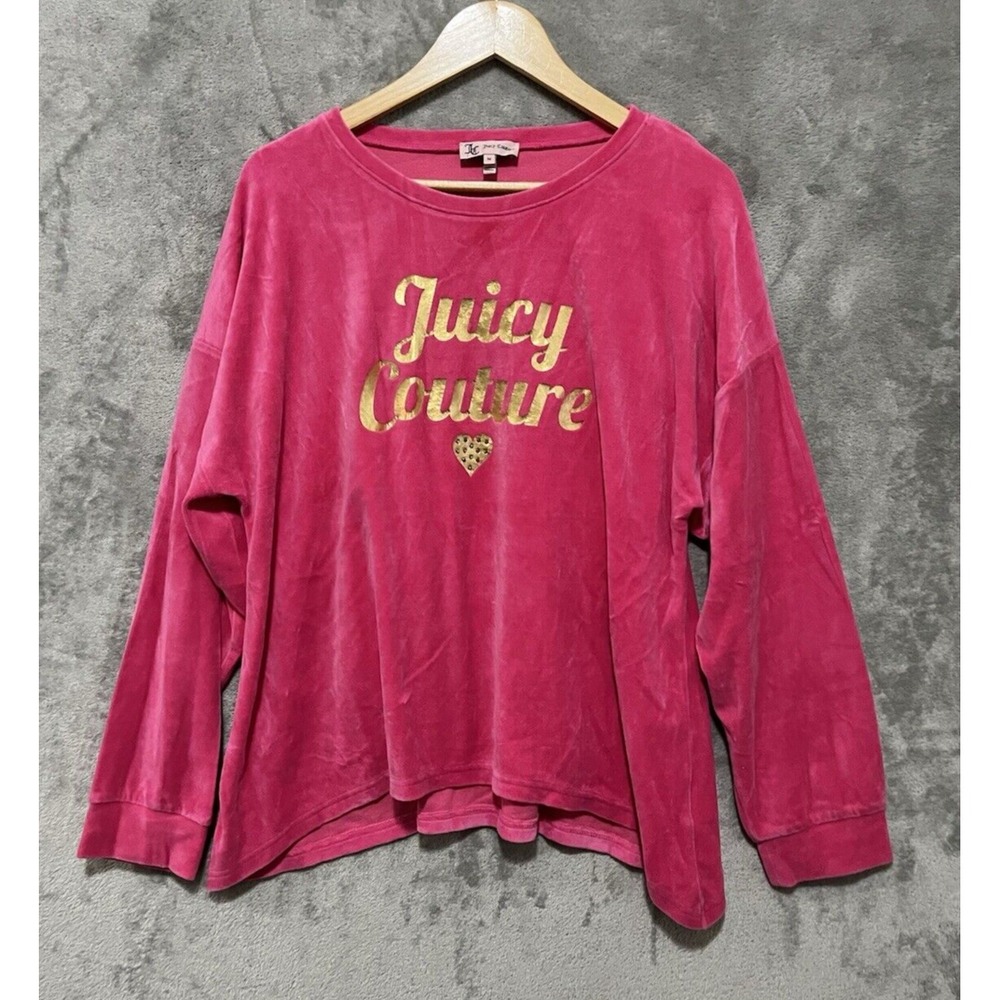 Juicy Couture Pink Velour Long Sleeve Top Gold Logo Studded Heart OWTKT147346 M
